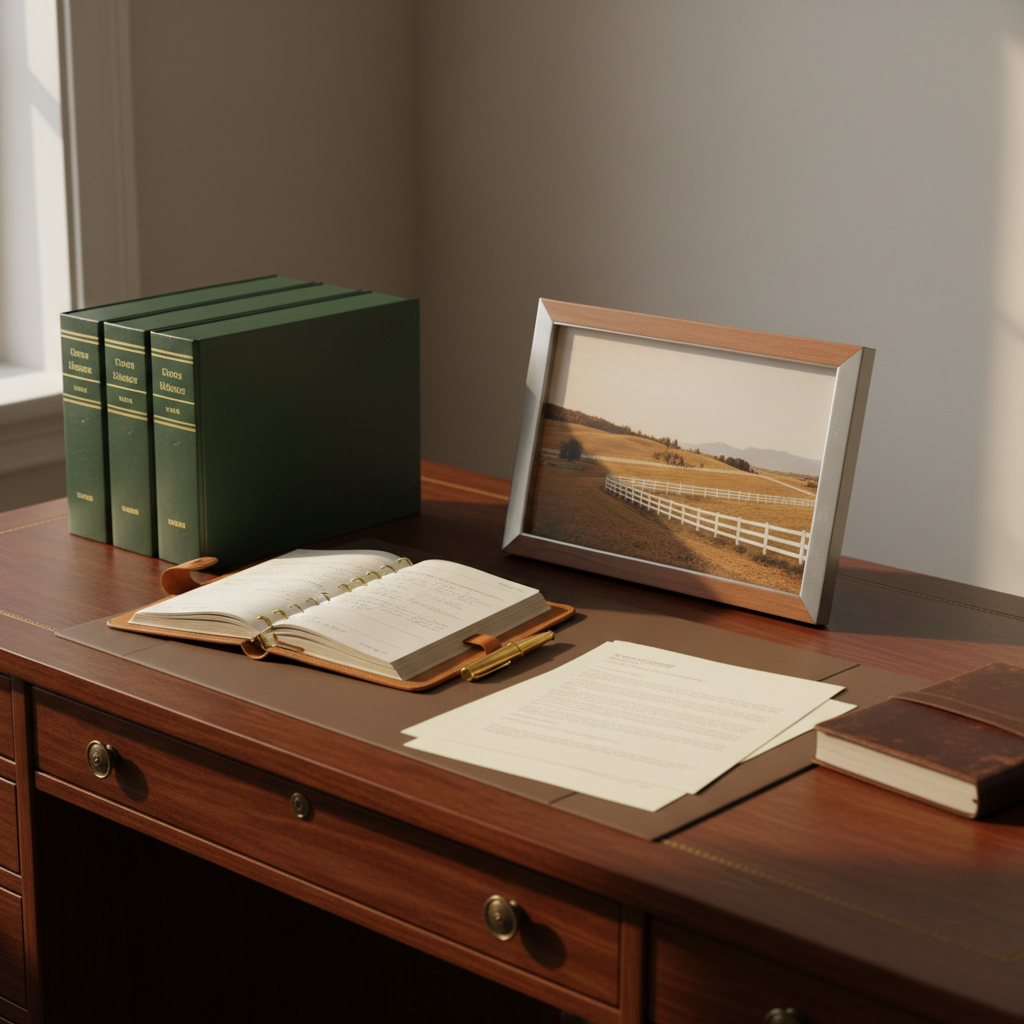 An antique wooden desk with a deep mahogany finish, meticulously organized with a stack of thick legal binders, a brass fountain pen resting beside an open planner, and a leather-bound notebook. On the far edge of the desk, a framed landscape photograph of a horse pasture leans against the wall, subtly anchoring the rural connection. Soft afternoon light filters through a nearby window, casting gentle, precise shadows across neatly arranged documents. Photographic realism, composed from a slightly elevated angle to show the full workspace, with a clean, sophisticated atmosphere that suggests focus, integrity, and a legal career quietly grounded in country values.