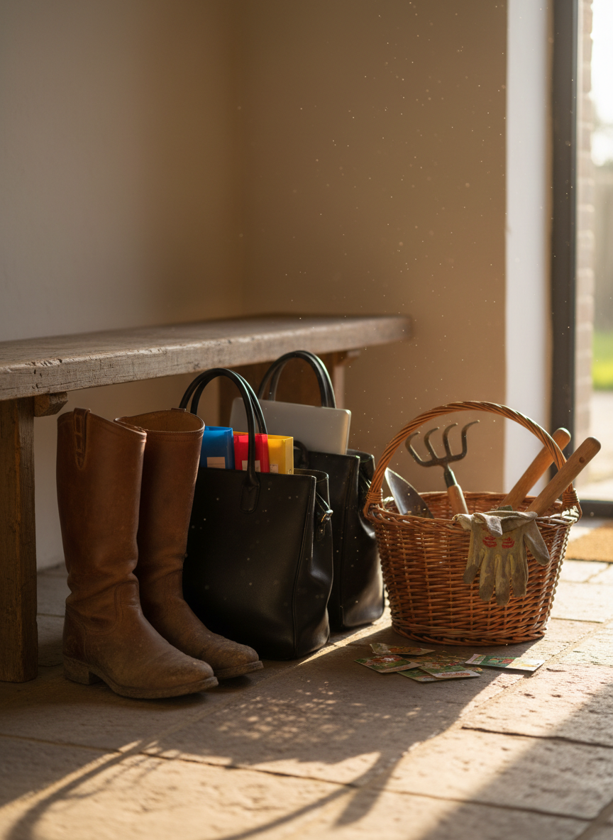 A pair of well-used leather riding boots standing beside a pair of polished, structured work tote bags on a simple wooden bench in a mudroom. The boots show traces of dried mud and soft creases, while the tote contains a glimpse of color-coded legal files and a slim laptop. Nearby, a woven basket holds gardening tools and seed packets. Natural morning light streams in from an unseen door, illuminating dust motes and casting soft shadows on the floor. Photographic realism, framed with rule-of-thirds composition and moderate depth of field, creating a calm, intentional mood that visually blends homesteading, professional life, and rural routine.