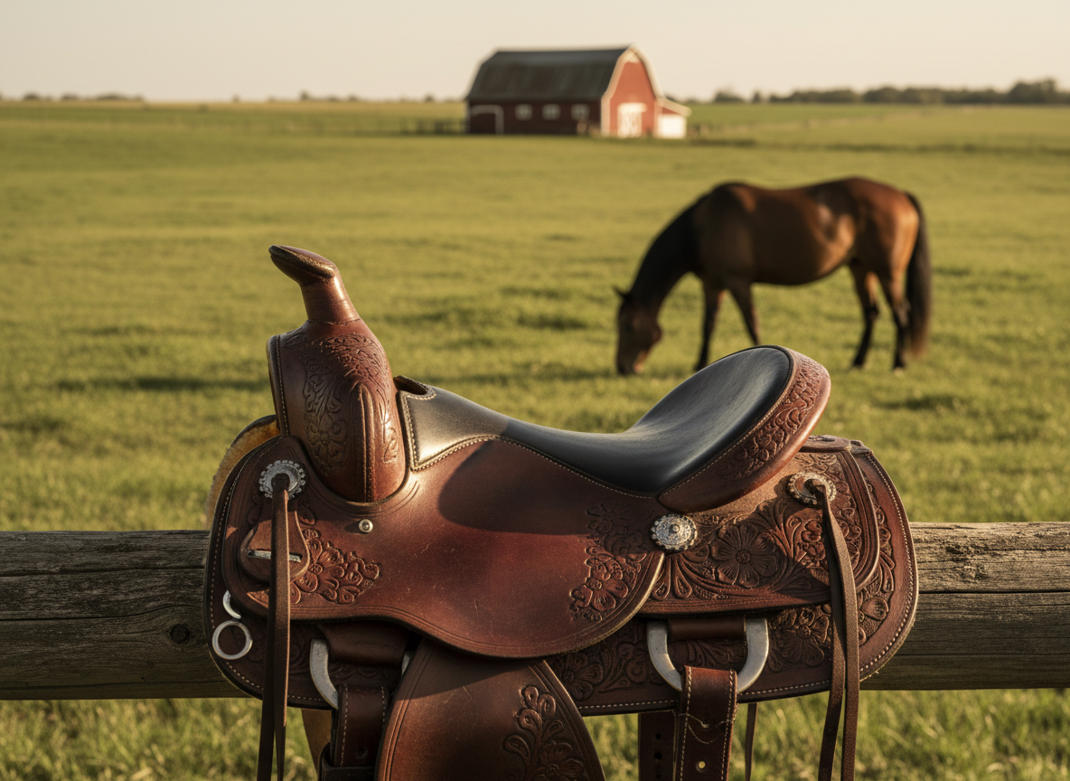 A well-worn leather western saddle draped over a sturdy wooden fence rail, its rich chestnut tones and intricate tooling catching the light. Behind it stretches a gently rolling pasture with lush green grass and a distant red barn, while a sleek bay horse grazes near the fence line. Early golden hour sunlight washes the scene in warm hues, creating long, soft shadows and a peaceful glow on the saddle’s polished metal hardware. Photographic realism, shot at eye level with a shallow depth of field, keeping the saddle in crisp focus while the pasture and barn blur into a gentle bokeh, conveying a life balanced between work and open country freedom.