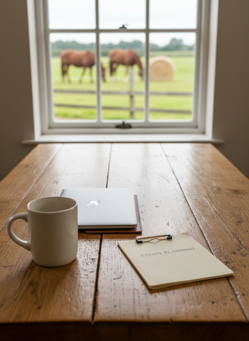 A rustic farmhouse kitchen table made of thick, weathered oak, set with a simple ceramic mug, a closed laptop, and a small stack of estate planning documents secured with a brass paperclip. At the far end of the table, a window looks out onto a fenced pasture where two horses graze near a round bale, slightly blurred. Soft overcast daylight diffuses through the window, creating even, gentle lighting and subtle reflections on the table’s worn surface. Photographic realism, shot from a seated eye-level perspective, inviting the viewer into a quiet work-from-home moment where legal work and homesteading dreams coexist in an atmosphere of contentment and purpose.