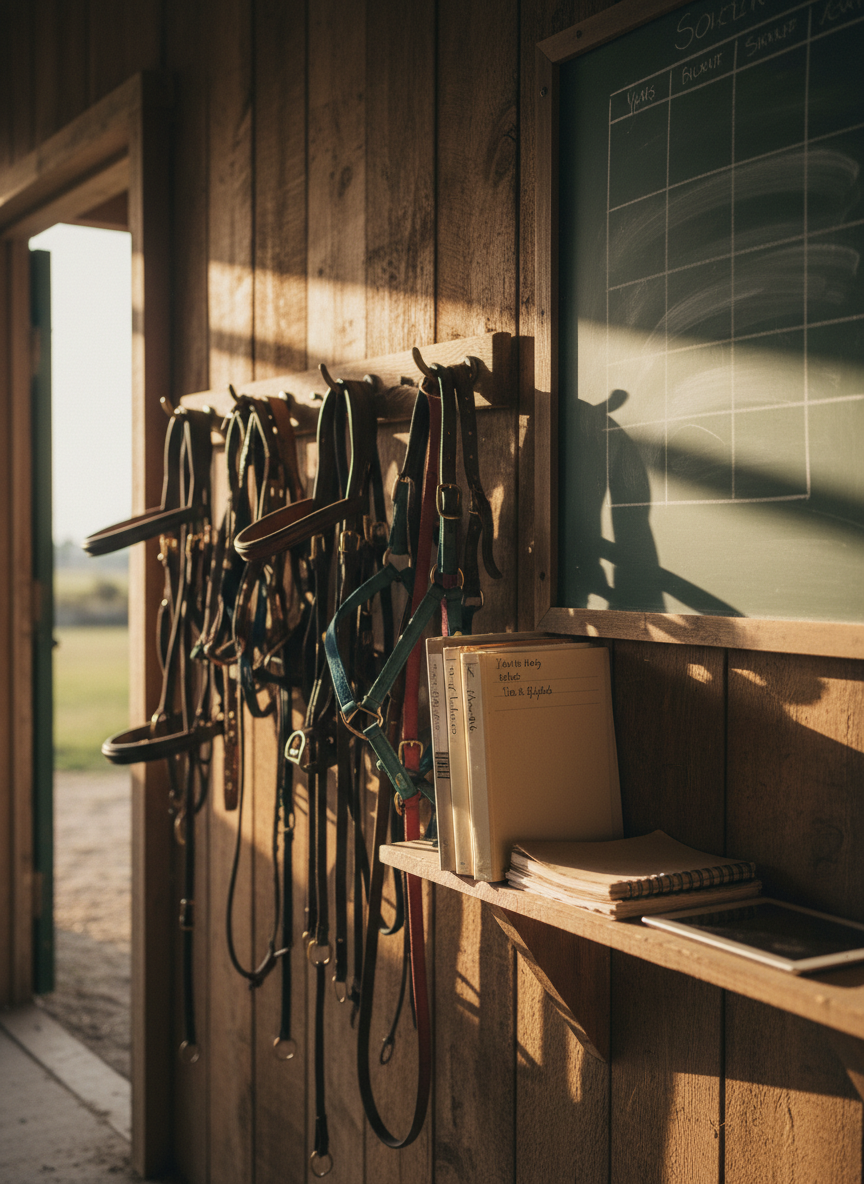 A meticulously arranged corner of a barn tack room, where neatly hung bridles and halters line a rough-hewn wooden wall, and a narrow shelf holds a small stack of labeled folders, a spiral-bound notebook, and a closed tablet. A chalkboard-style wall organizer in the background displays faint, abstract markings representing schedules without legible text. Late afternoon light slants through a nearby open doorway, creating dramatic streaks of brightness and shadow across the leather tack and the paperwork. Photographic realism, captured from a three-quarter angle with layered depth, emphasizing the deliberate integration of structured legal work and the organic rhythm of horse-centered rural life.