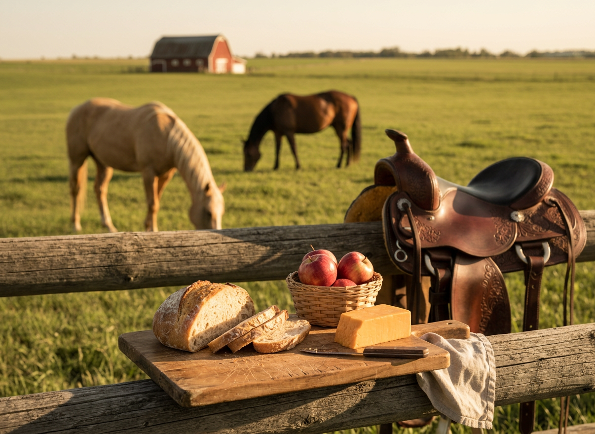 A well-worn leather western saddle draped over a sturdy wooden fence rail, its rich chestnut tones and intricate tooling catching the light. Behind it stretches a gently rolling pasture with lush green grass and a distant red barn, while a sleek bay horse grazes near the fence line. Early golden hour sunlight washes the scene in warm hues, creating long, soft shadows and a peaceful glow on the saddle’s polished metal hardware. Photographic realism, shot at eye level with a shallow depth of field, keeping the saddle in crisp focus while the pasture and barn blur into a gentle bokeh, conveying a life balanced between work and open country freedom.